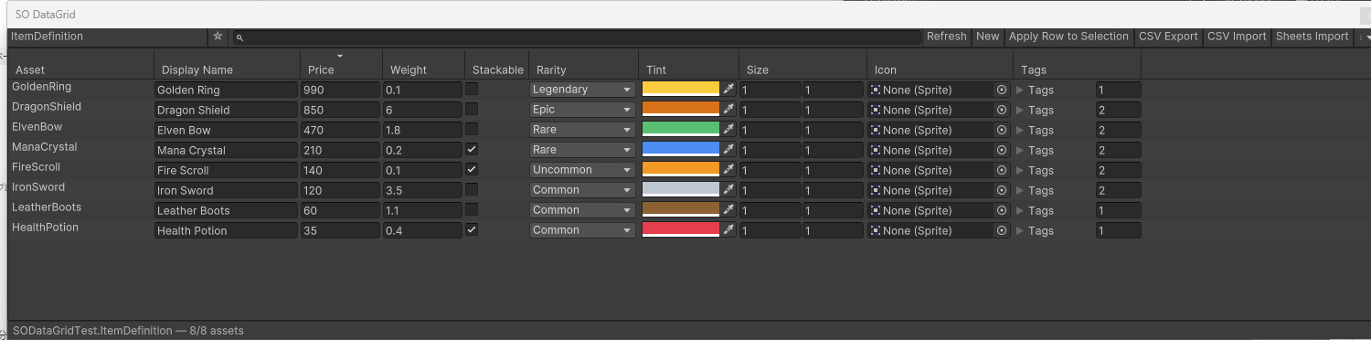 SO DataGrid editor window showing 8 ScriptableObject assets as spreadsheet rows with colored tint swatches, sortable columns, favorites, search, CSV and Google Sheets buttons