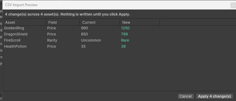 CSV Import Preview window listing 4 pending changes with current and new values, nothing written until Apply is clicked